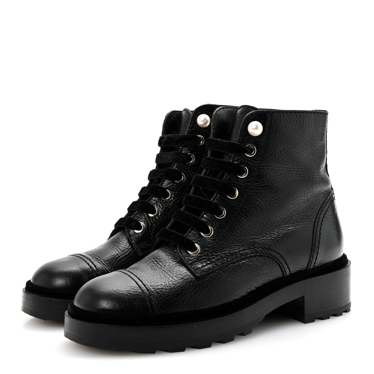 Shiny Calfskin Velvet Pearl Combat Short Boots 37 Black