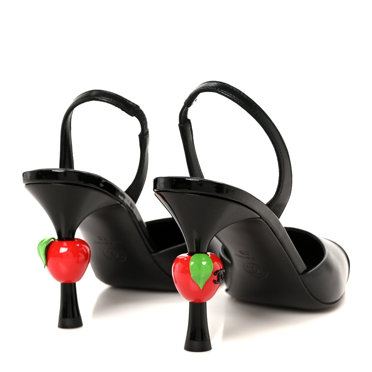 Lambskin Patent Cap Toe CC Apple Slingback Pumps 38 Black