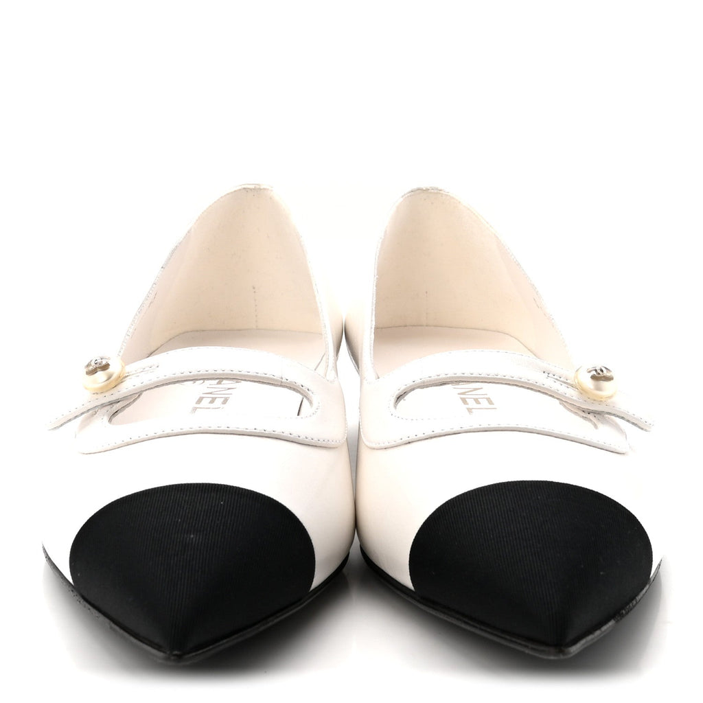 Shiny Lambskin Grosgrain Pearl Mary Janes Flats 37.5 White Black
