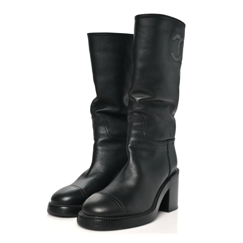 Calfskin Cap Toe High Boots 35 Black