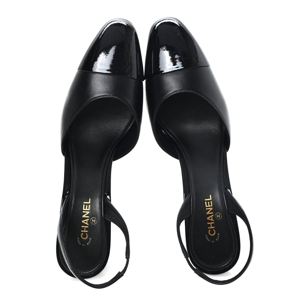 Lambskin Patent Cap Toe CC Apple Slingback Pumps 38.5 Black
