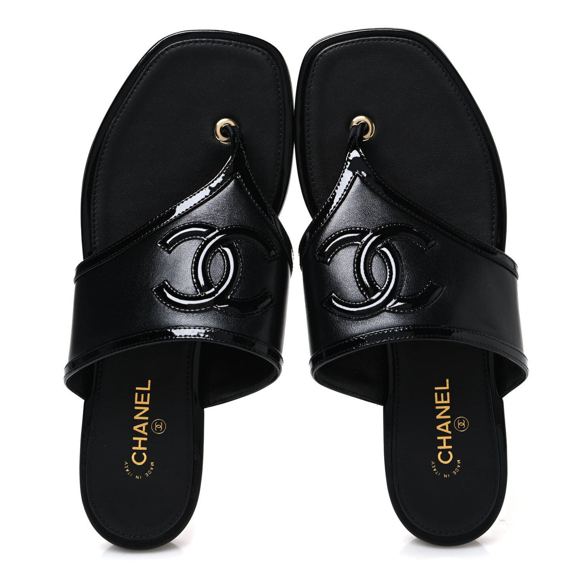 Lambskin Patent Calfskin CC Thong Sandals  37 Black