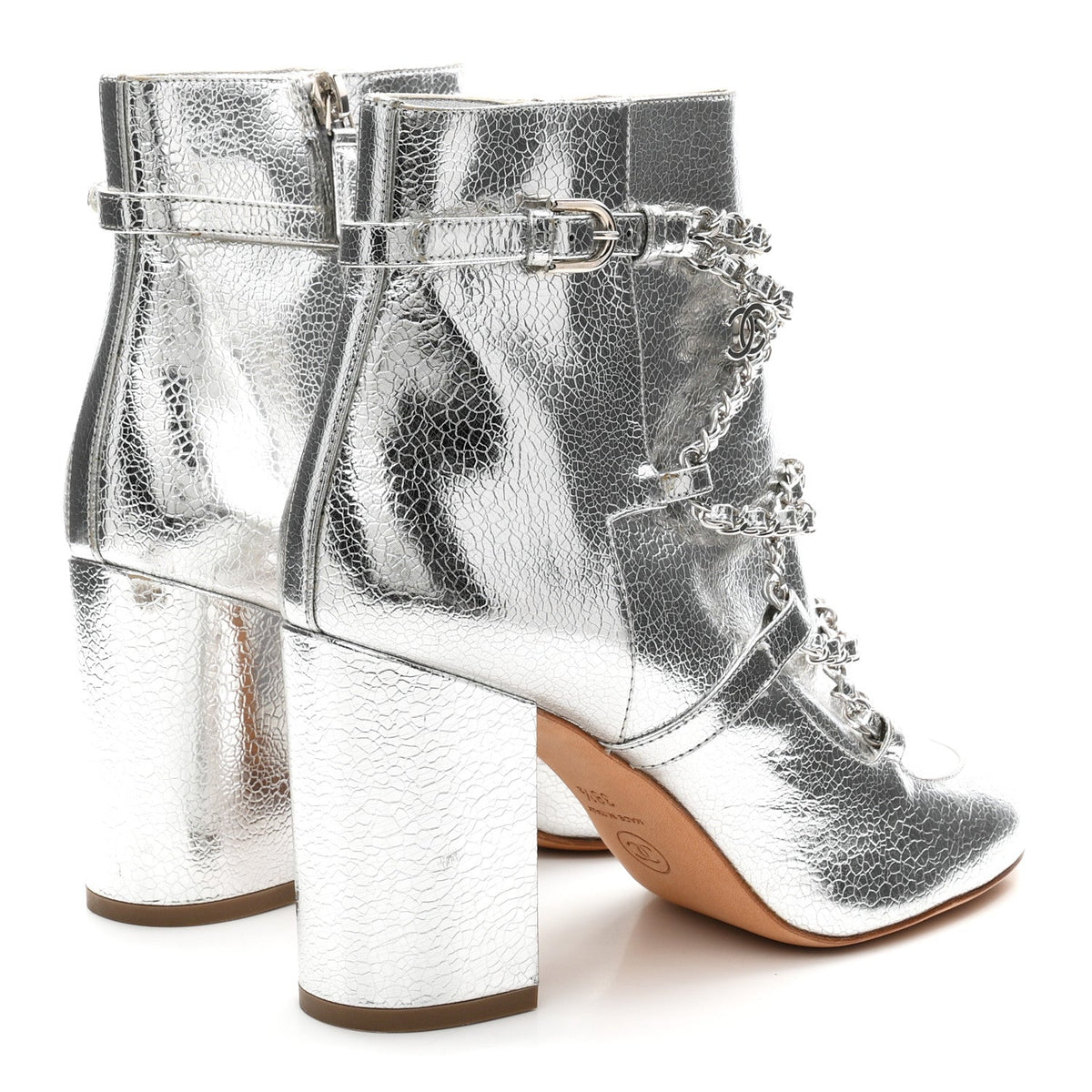 Metallic Crackled Calfskin Chain CC Short Boots 38.5 Silver