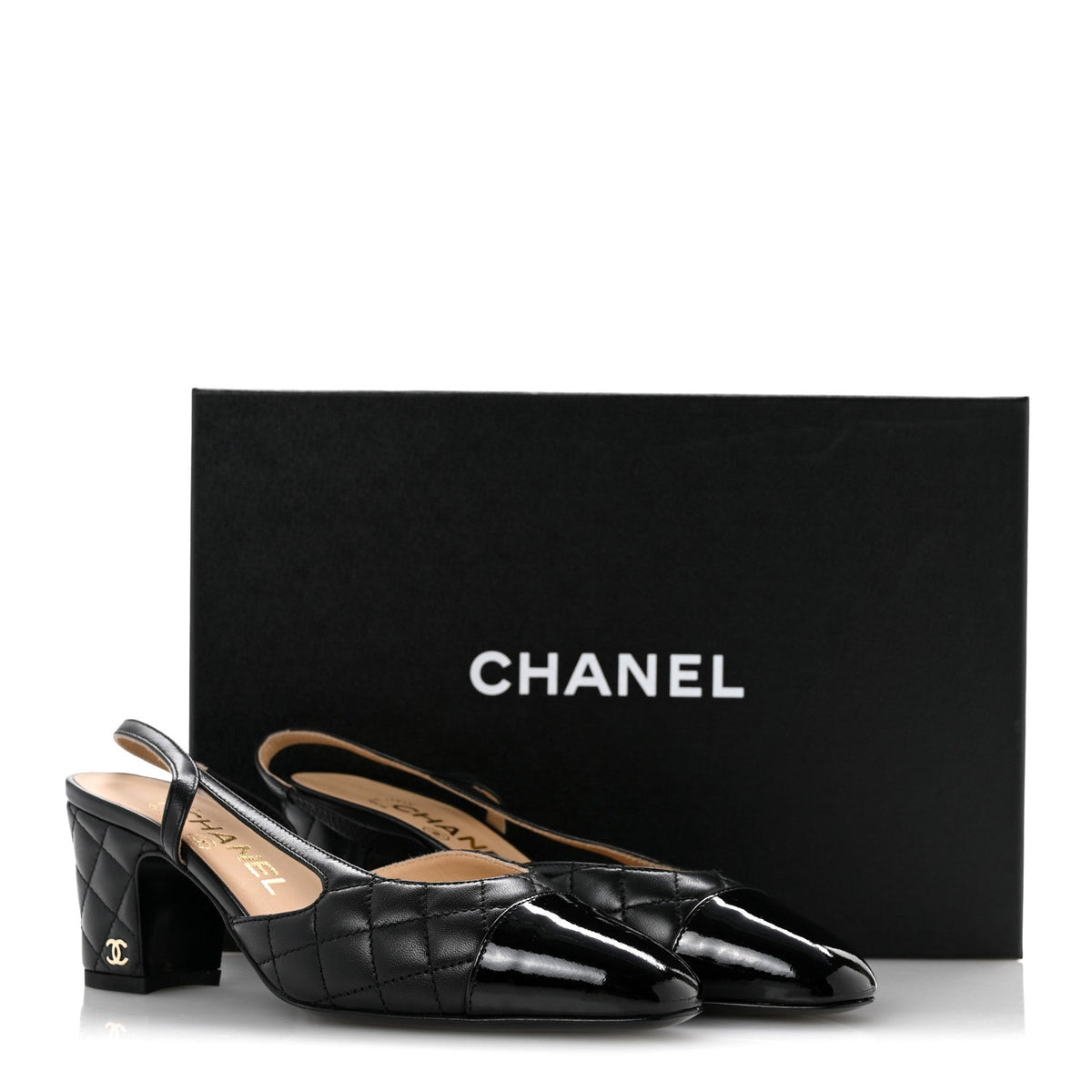 Lambskin Patent Calfskin Quilted Cap Toe CC Slingback Pumps 35.5 Black
