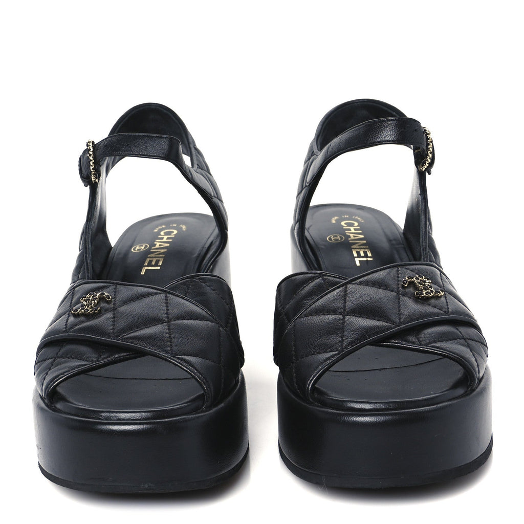 Lambskin Quilted CC Platform Sandals 39.5 Black