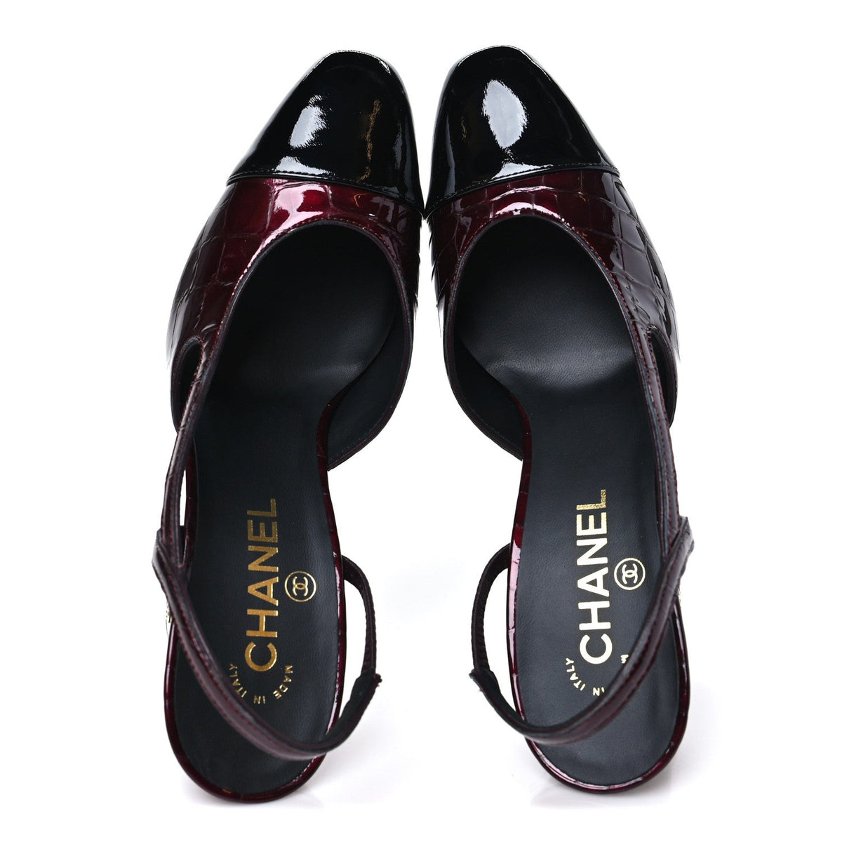 Crocodile Embossed Patent CC Cap Toe CC Slingback Pumps 38 Dark Burgundy