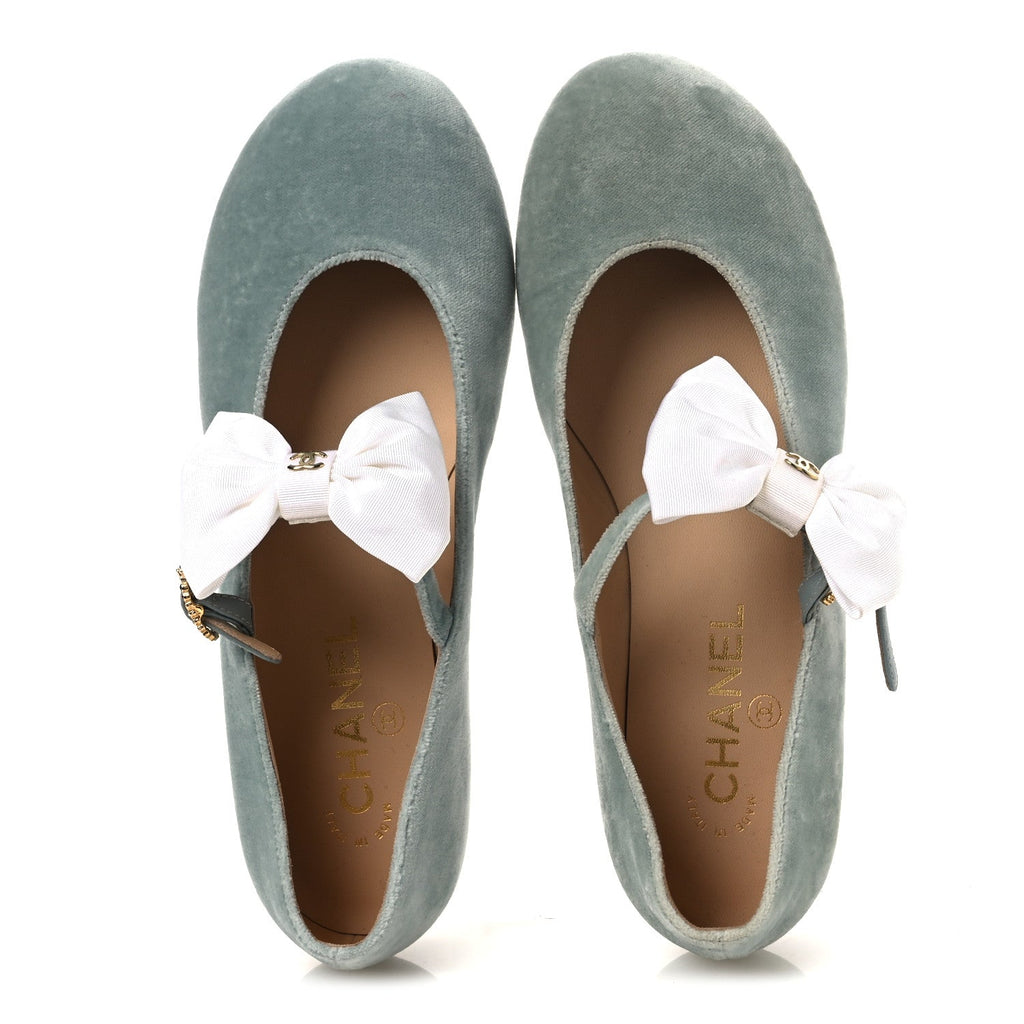 Velvet Grosgrain Bow Mary Jane Flats 37.5 Light Green White
