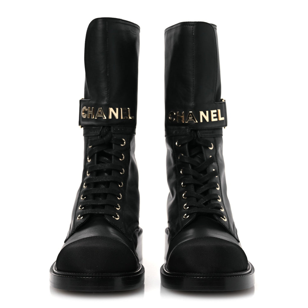 Calfskin Grosgrain Lace Up Combat Boots 38.5 Black