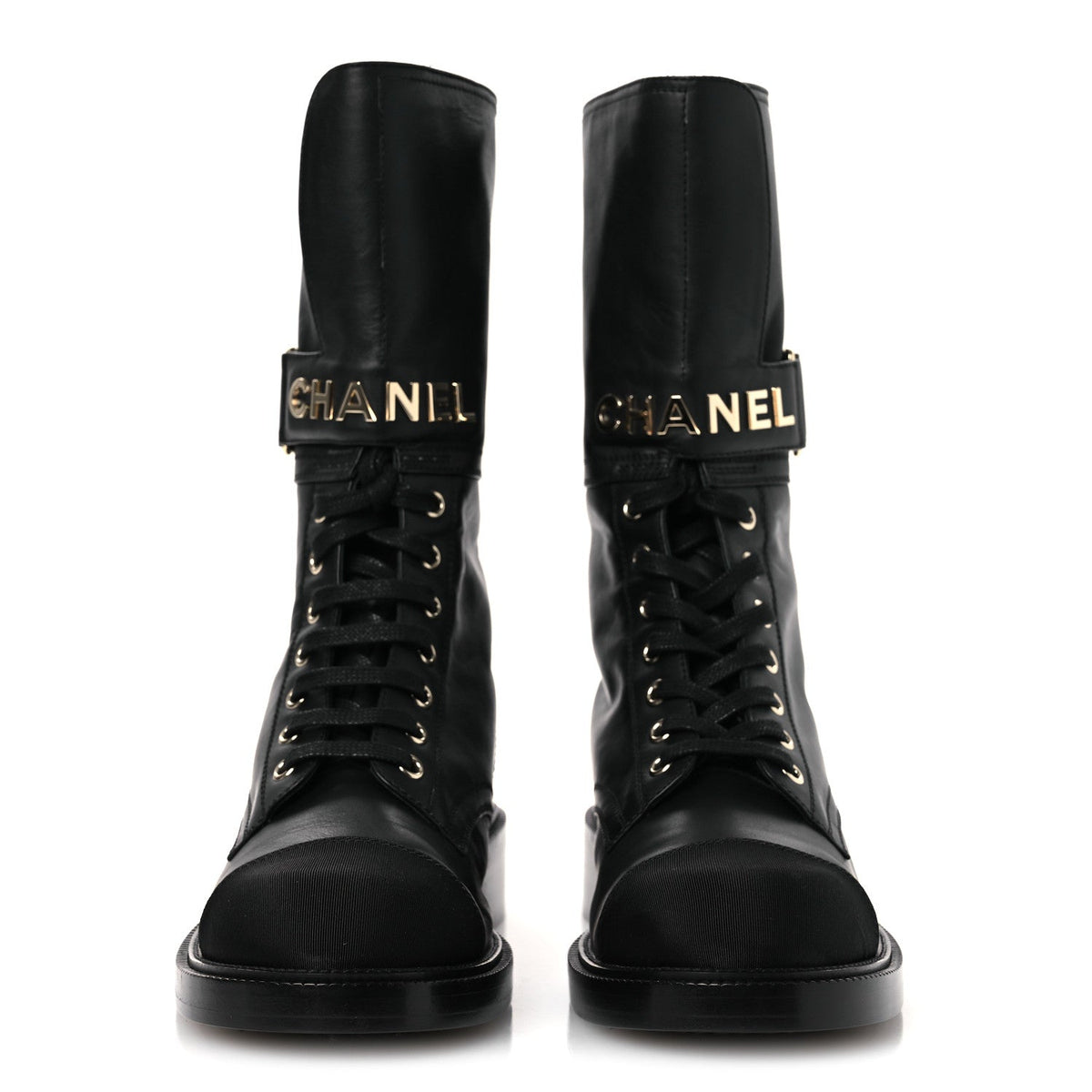 Calfskin Grosgrain Lace Up Combat Boots 38.5 Black