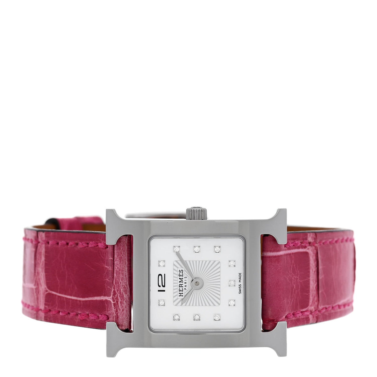Stainless Steel Alligator Diamond Mother of Pearl 21mm Heure H Hour Quartz Watch Framboise
