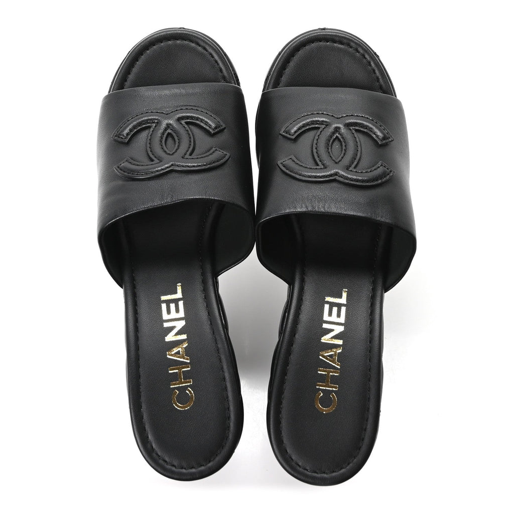 Lambskin Quilted CC Platform Mules 38.5 Black