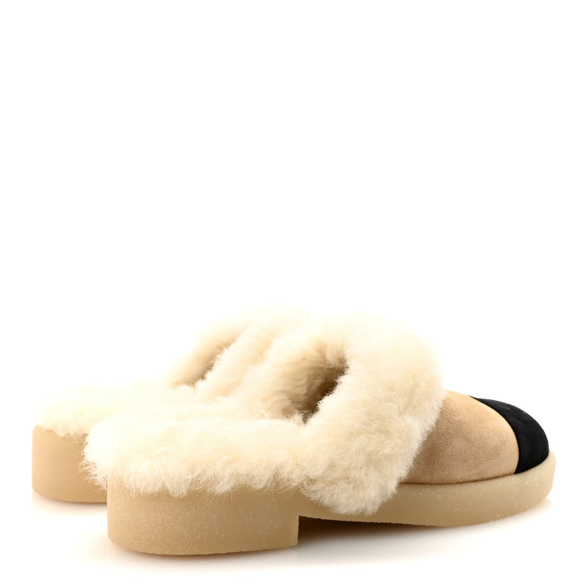 Suede Shearling CC Cap Toe Mules 36 Beige Black