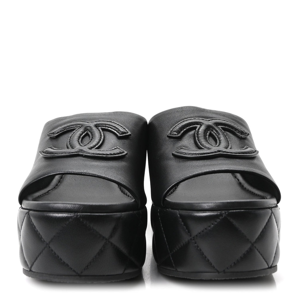 Lambskin Quilted CC Platform Mules 38.5 Black