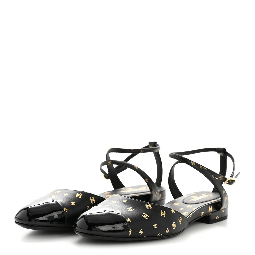 Printed Lambskin Patent Calfskin Cap Toe CC Slingbacks 36.5 Black Gold
