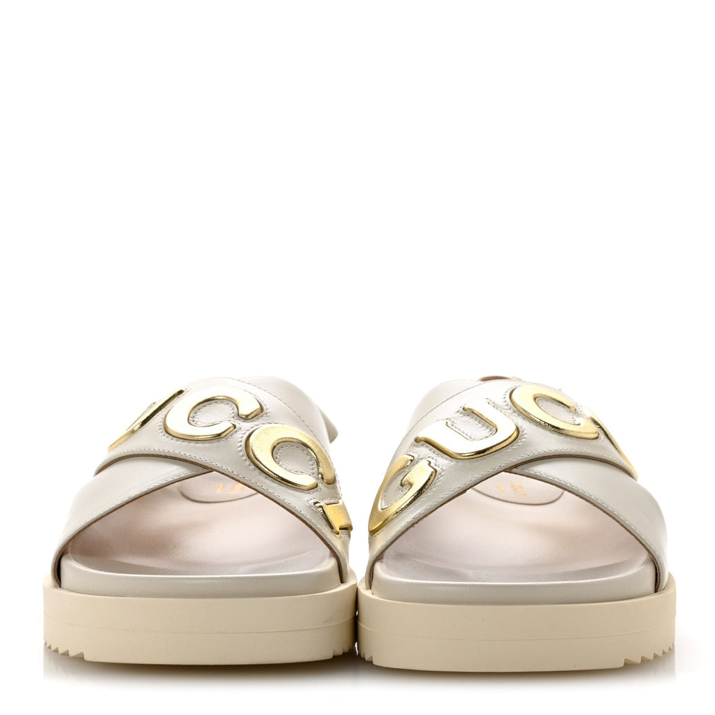 Calfskin Elizabeth Nappa Charlotte Logo Slingback Sandals 35 Mystic White Platino