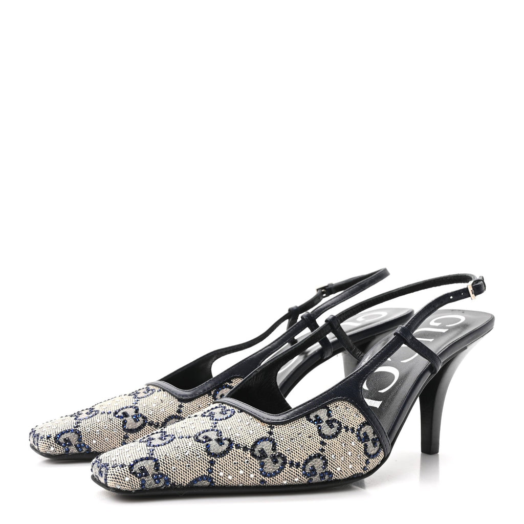 GG Monogram Malaga Kid Crystal Square G 75mm Slingback Pumps 36.5 Beige Blue