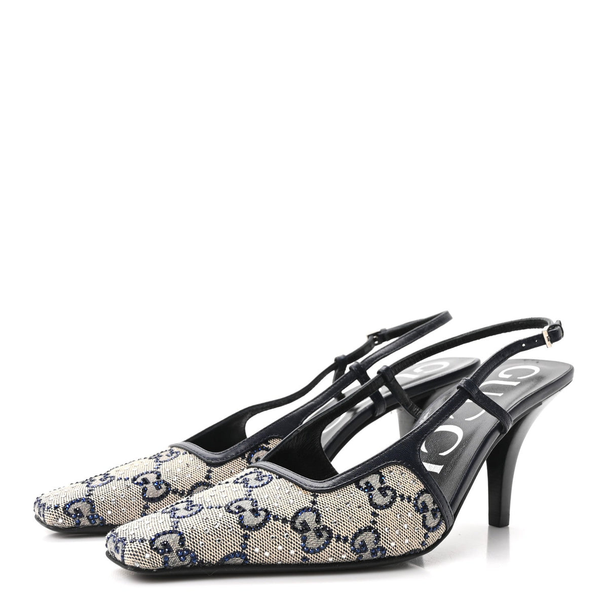 GG Monogram Malaga Kid Crystal Square G 75mm Slingback Pumps 36.5 Beige Blue
