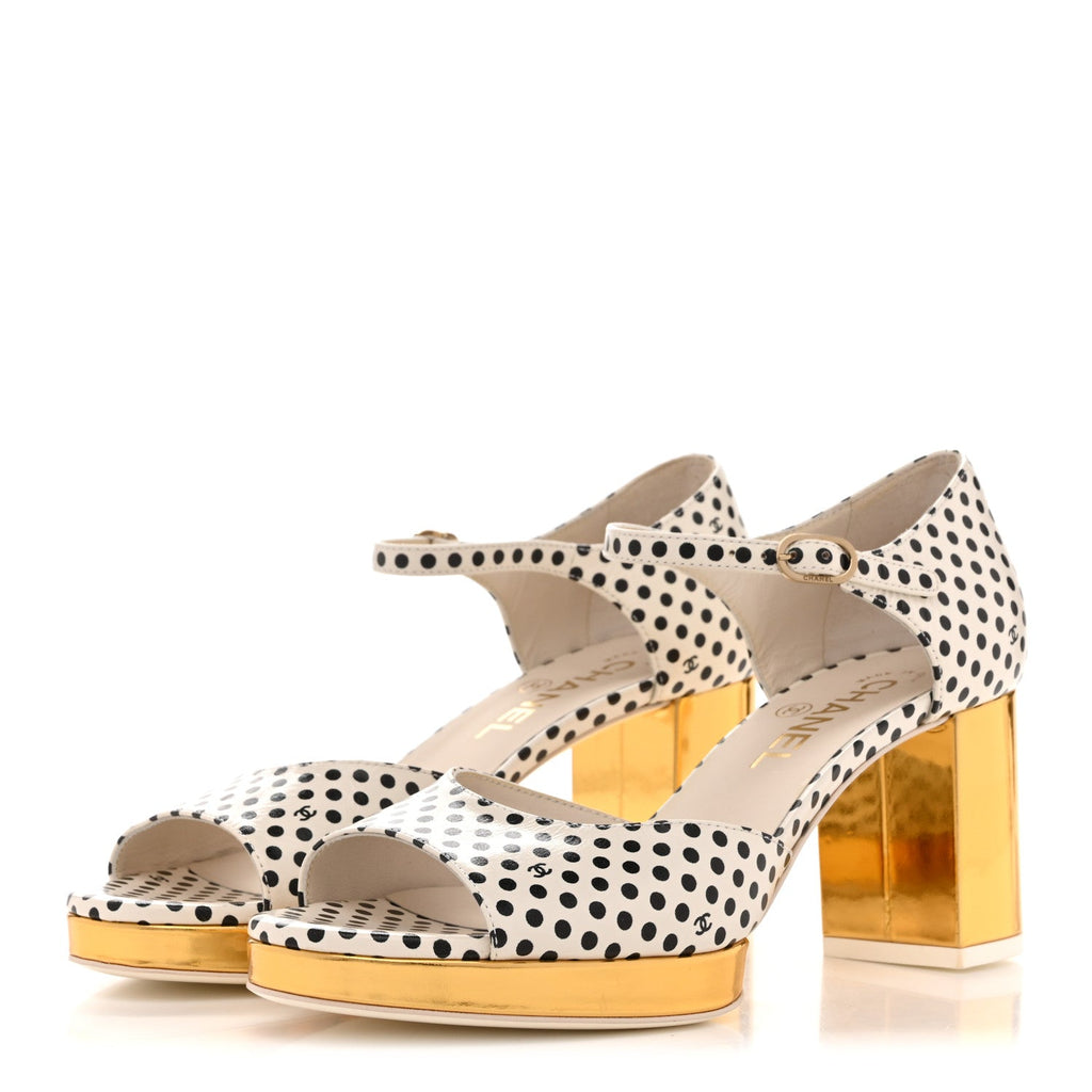Printed Calfskin Polka Dot CC Platform Sandals 36.5 Ivory Black 37 Ivory Black