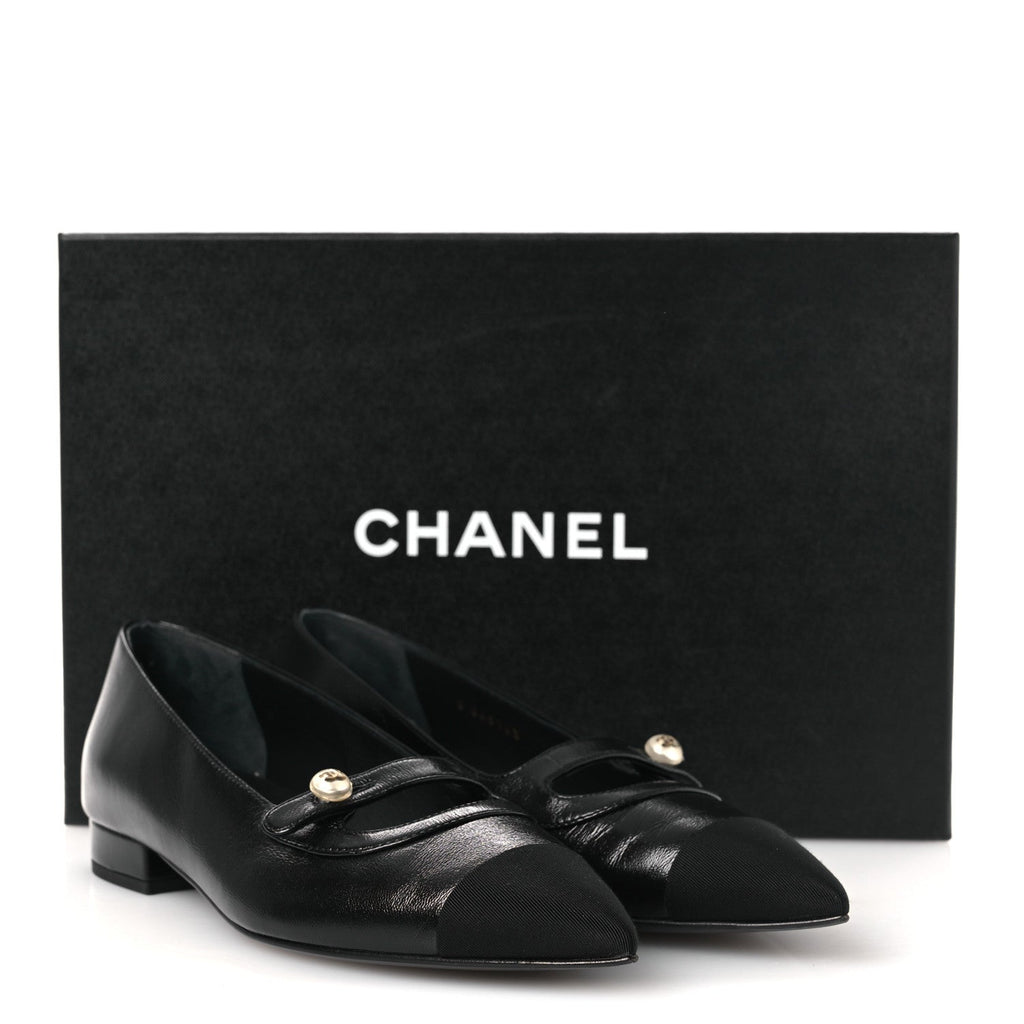 Shiny Lambskin Grosgrain Pearl Mary Jane Flats 37 Black