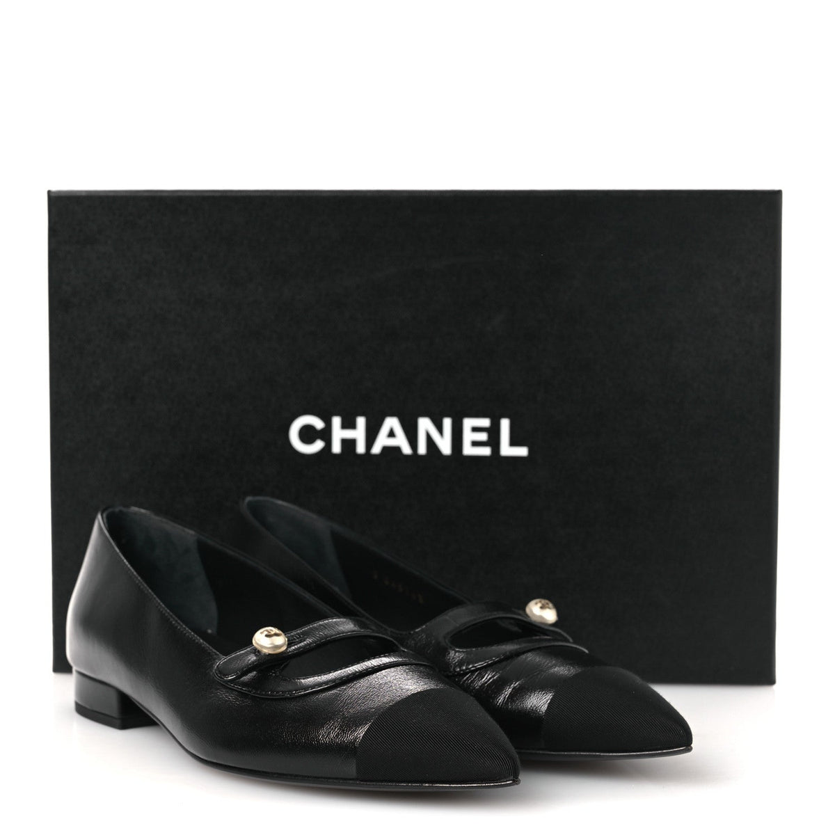Shiny Lambskin Grosgrain Pearl Mary Jane Flats 37 Black
