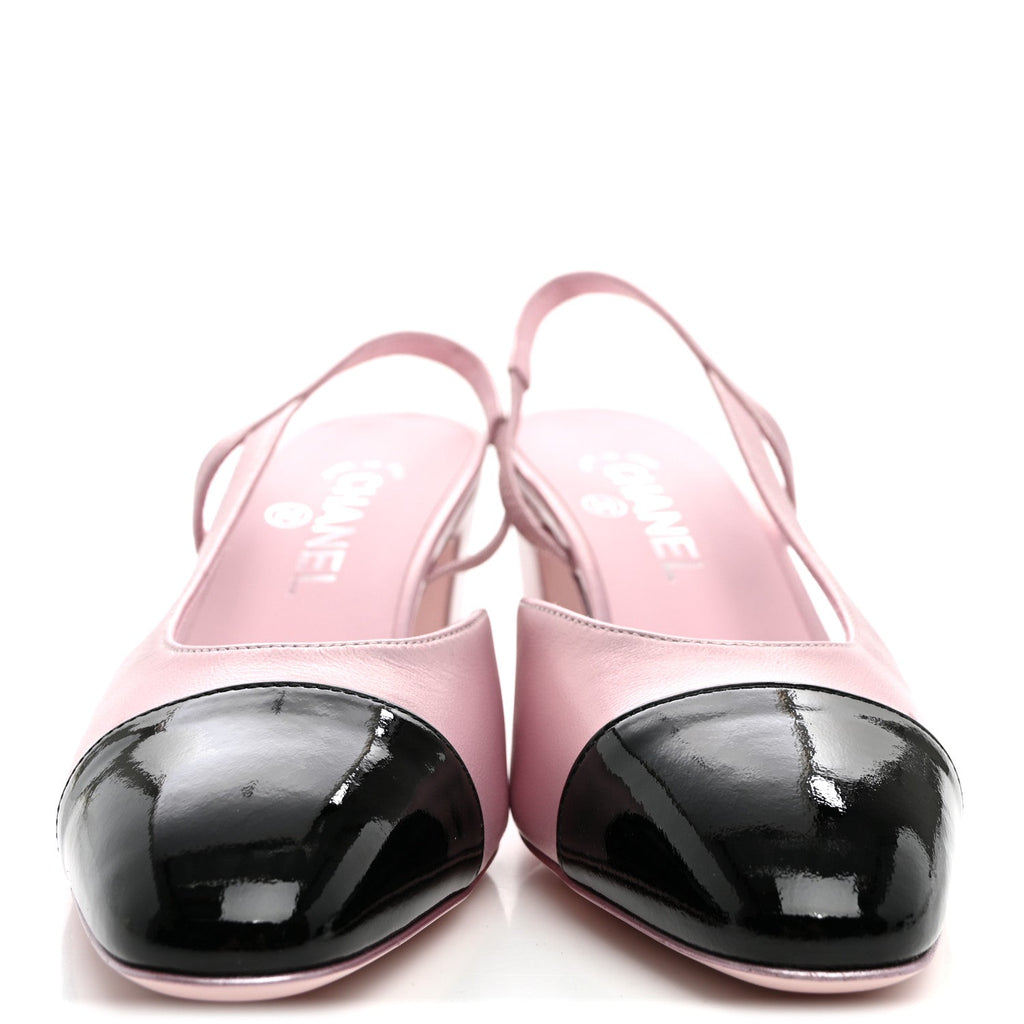 Laminated Lambskin Patent Cap Toe CC Slingback Pumps 39.5 Light Pink Black