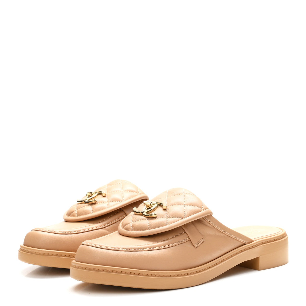 Lambskin Quilted CC Turnlock Mules 39.5 Light Beige