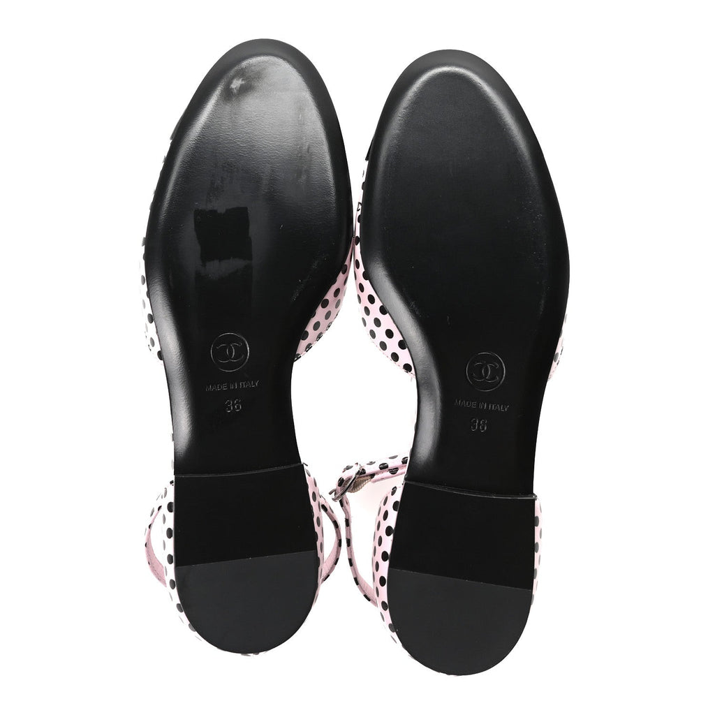 Lambskin Patent Calfskin Cap Toe Polka Dot Camellia Mary Jane Flats 36 Pink Black