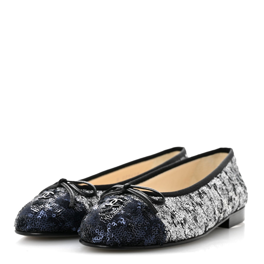 Tweed Sequin Cap Toe Ballerina Flats 35 Silver Black Blue