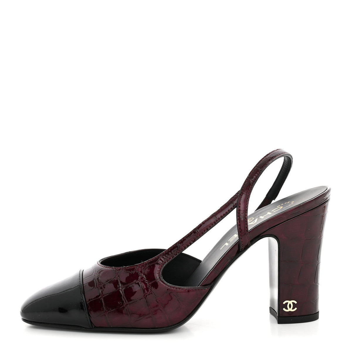 Patent Calfskin Crocodile Embossed Cap Toe CC Slingback 38 Dark Burgundy Black
