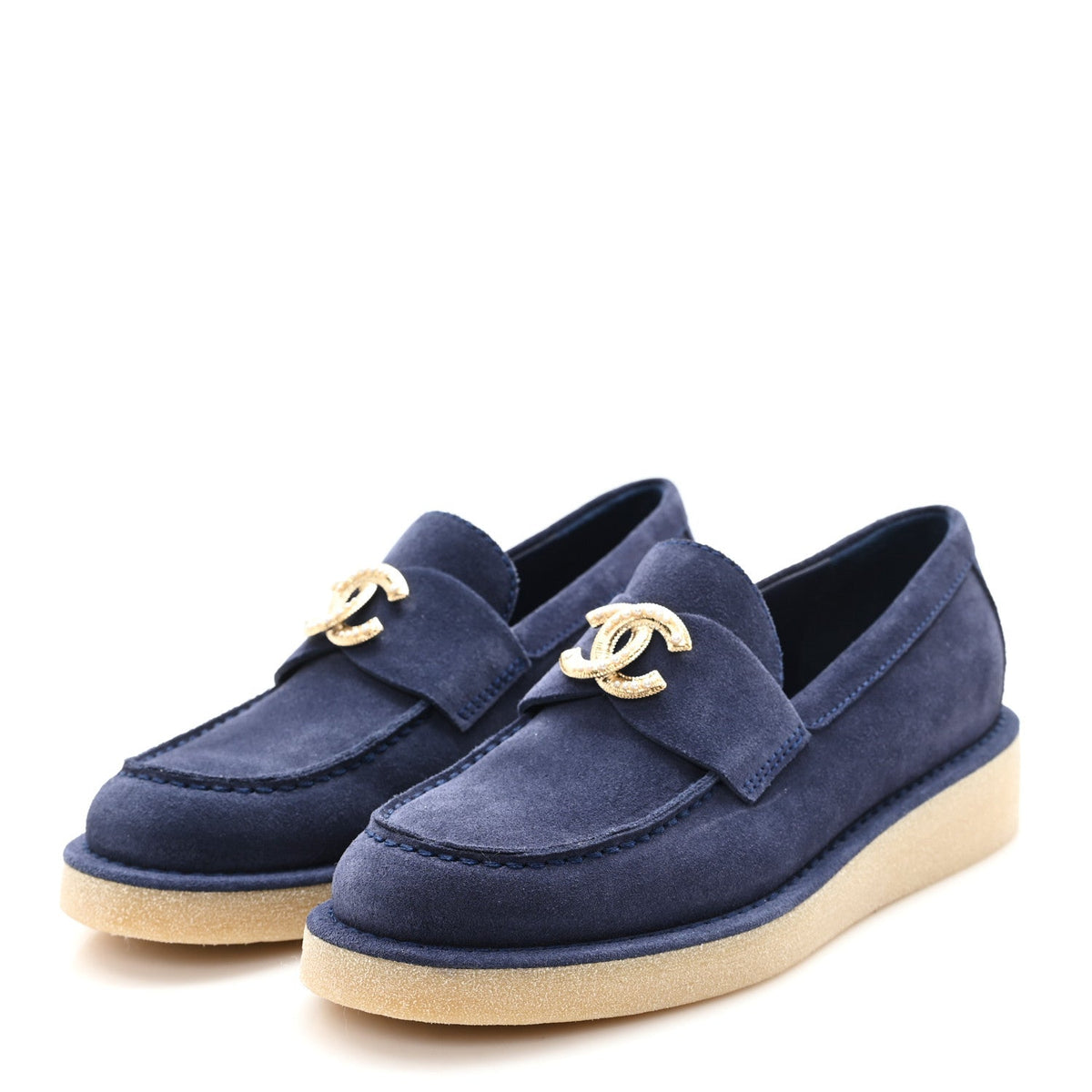 Suede Calfskin Pearl CC Moccasin Loafers 37 Navy