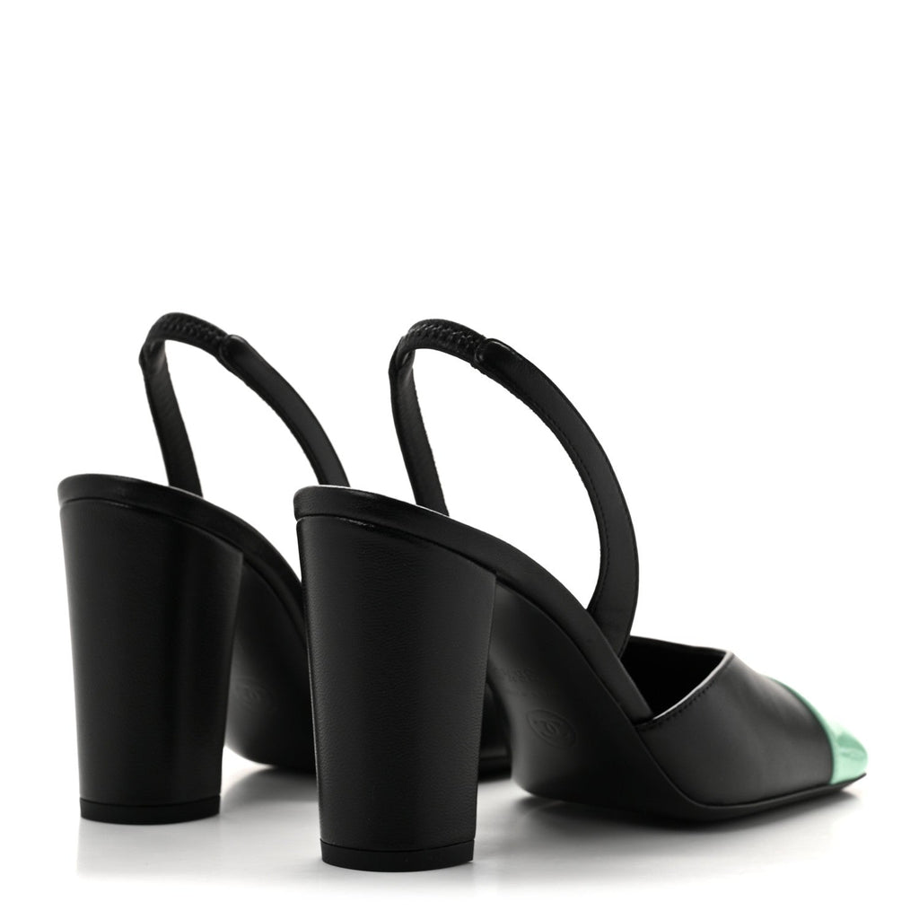 Lambskin Patent Calfskin Square Cap Toe CC Slingback Pumps 36.5 Black Green