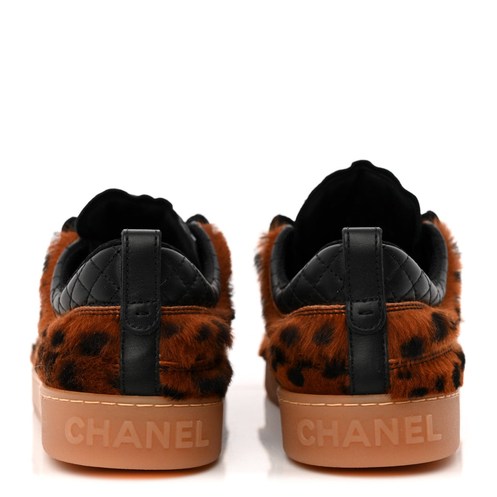 Lambskin Cheetah Print Quilted Sneakers 38.5 Brown Black
