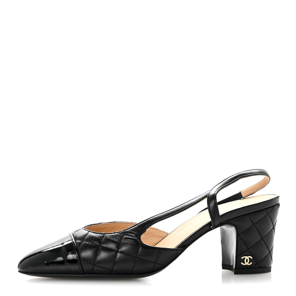 Lambskin Patent Calfskin Quilted Cap Toe CC Slingback Pumps 35.5 Black