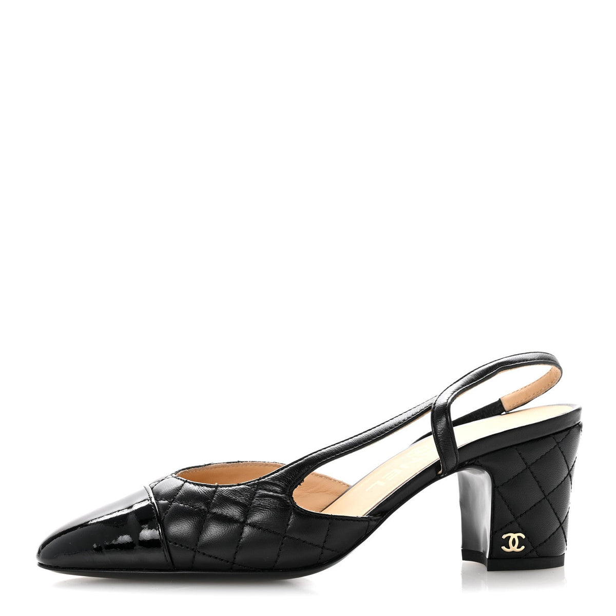 Lambskin Patent Calfskin Quilted Cap Toe CC Slingback Pumps 35.5 Black
