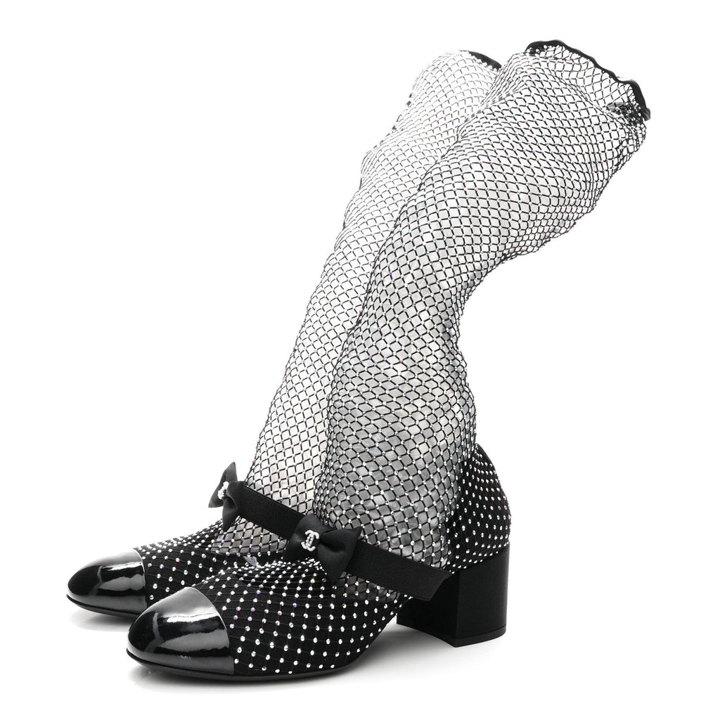 Mesh Crystal Patent CC Bow High Boots 40 Black