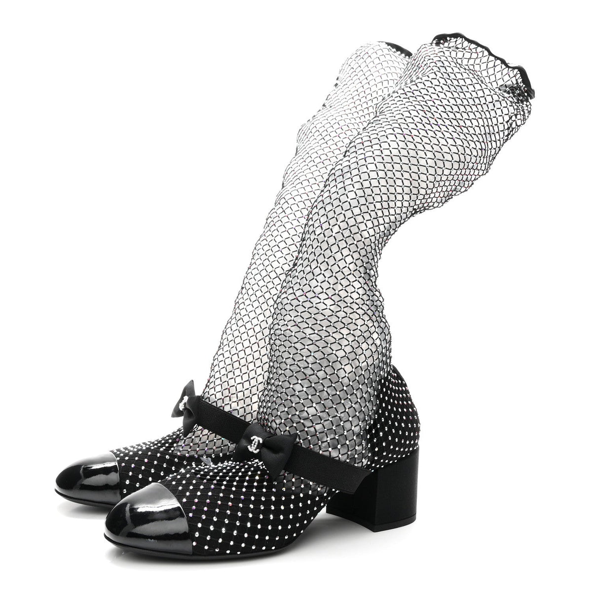 Mesh Crystal Patent CC Bow High Boots 40 Black