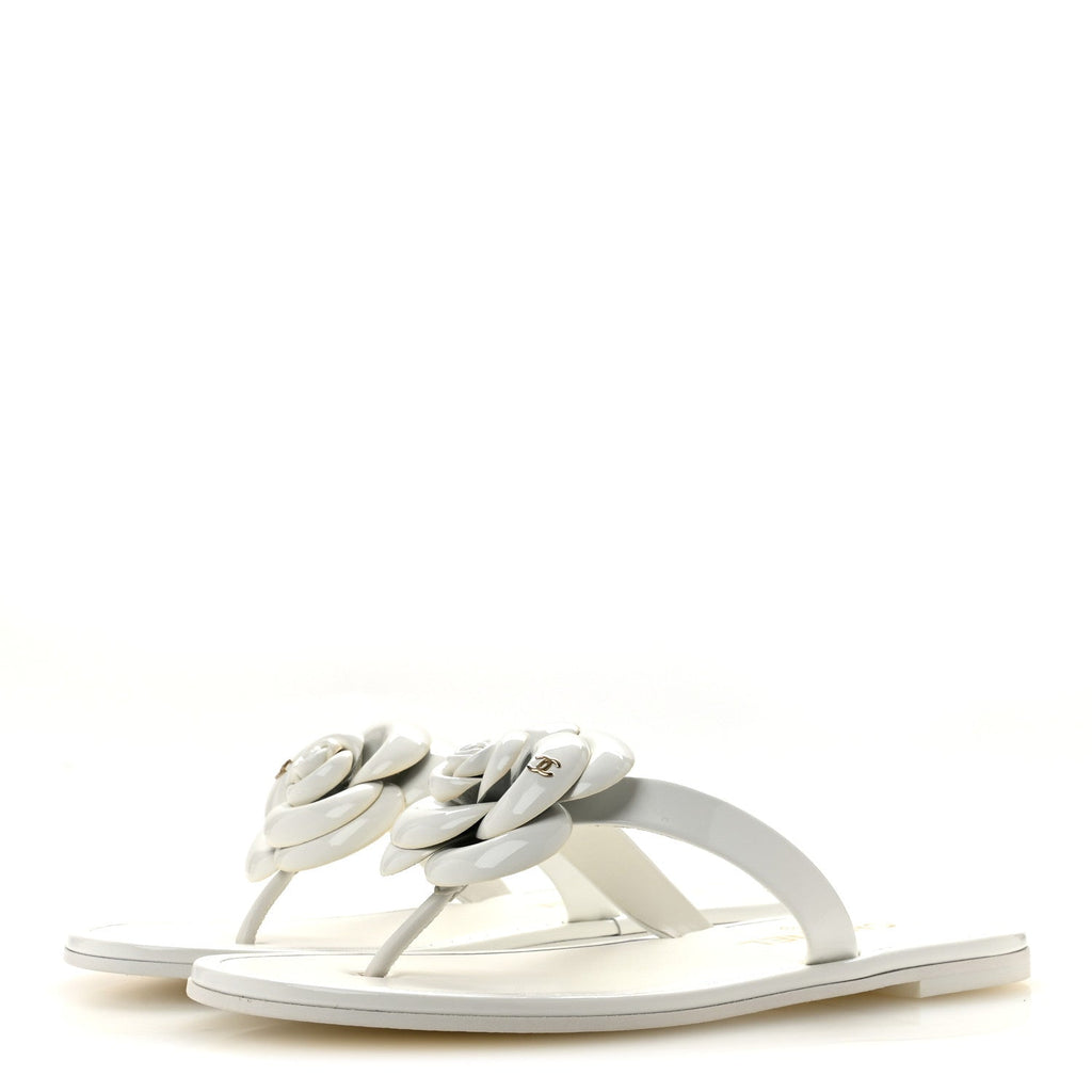 Patent Calfskin Camellia Thong Sandals 37.5 White