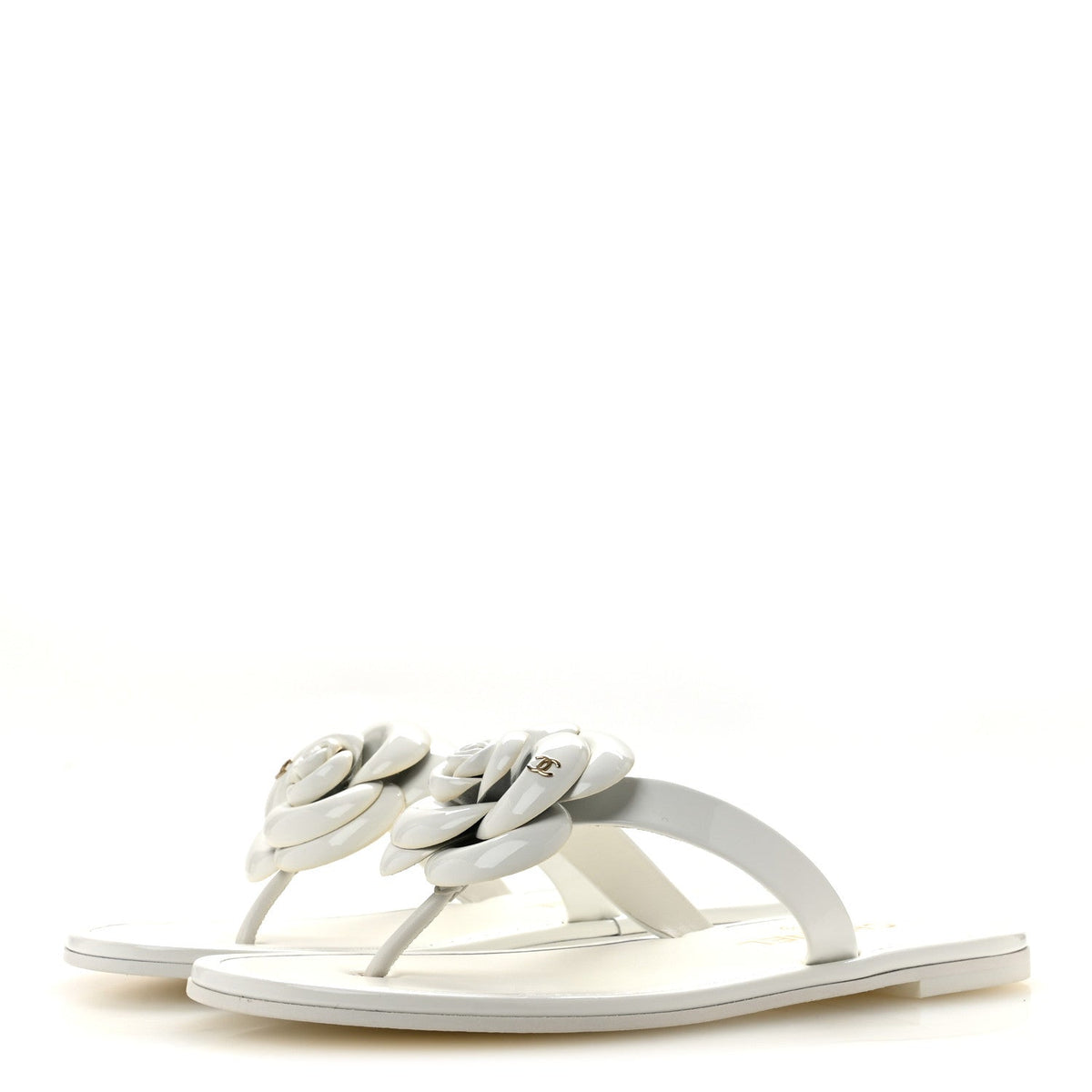 Patent Calfskin Camellia Thong Sandals 37.5 White