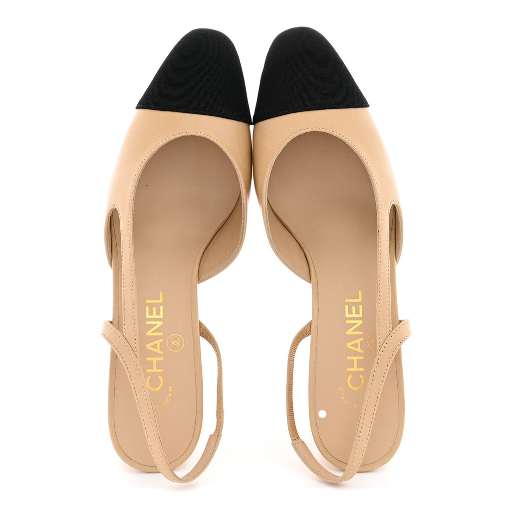 Goatskin Grosgrain Cap Toe CC Slingback Pumps 38 Beige Black