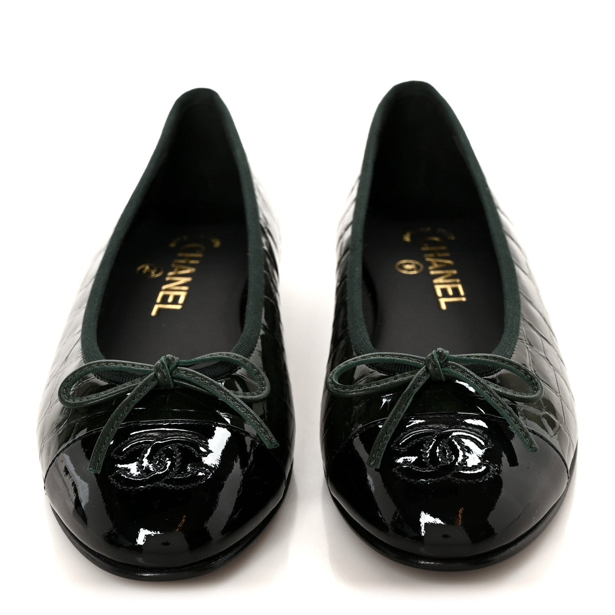 Patent Calfskin Crocodile Embossed Ballerina Flats 36.5 Dark Green Black