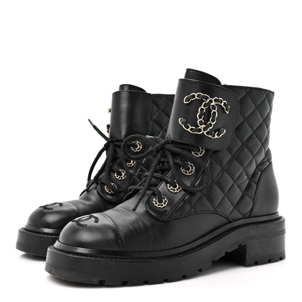 Shiny Goatskin Calfskin Quilted Lace Up Combat Boots 35.5 Black