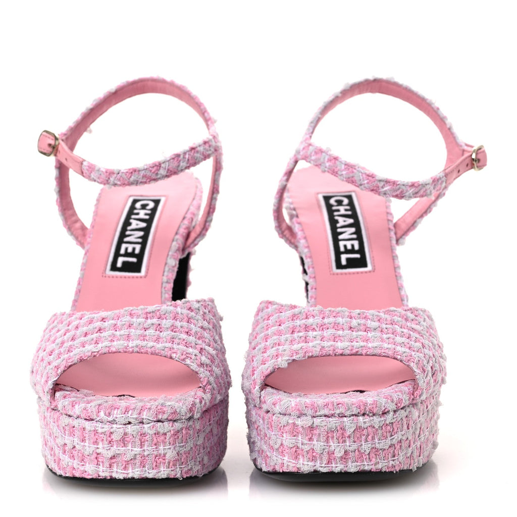 Tweed Crystal CC Platform Sandals 38.5 Light Pink