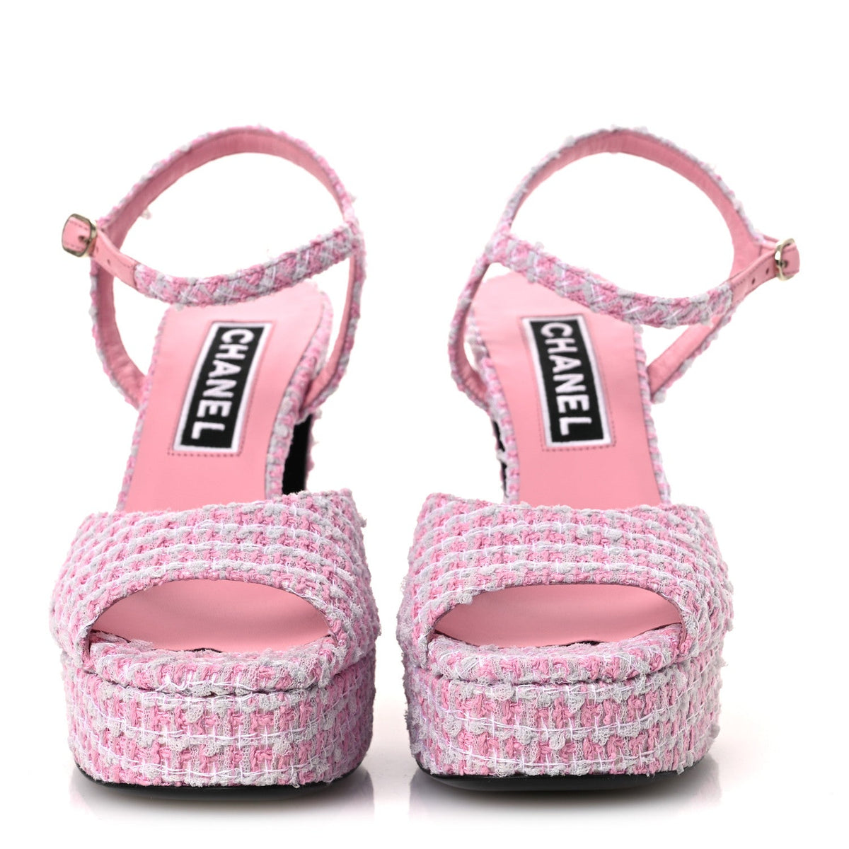 Tweed Crystal CC Platform Sandals 38.5 Light Pink