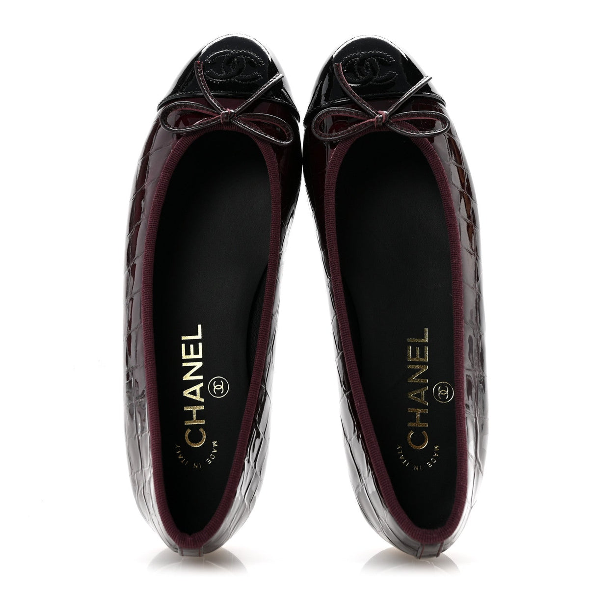 Patent Calfskin Crocodile Embossed Cap Toe CC Ballerina Flats 36.5 Dark Burgundy Black