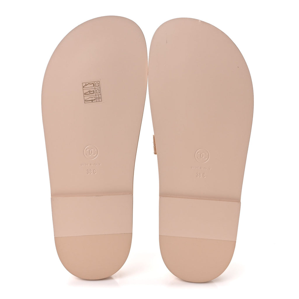 Shiny Calfskin Quilted Velcro Dad Crystal CC Slide Sandals 38 Beige