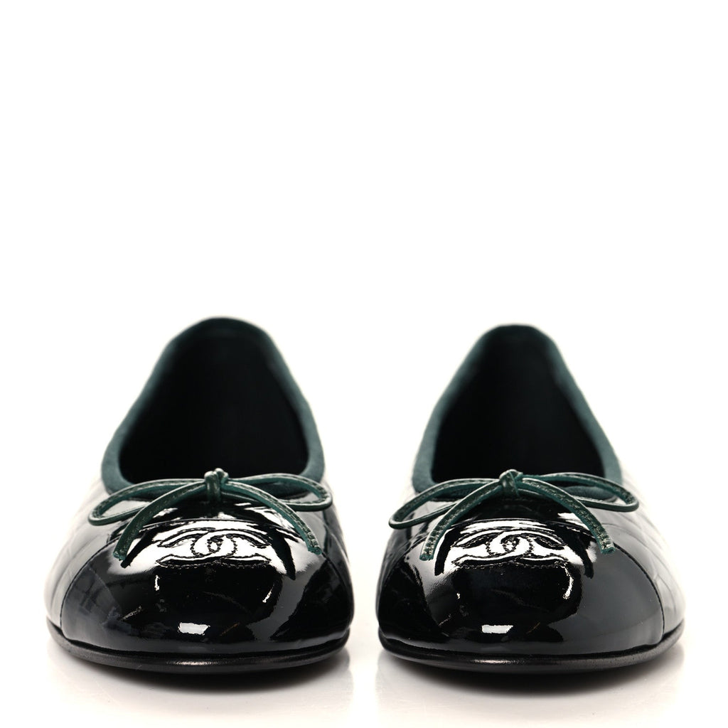 Patent Calfskin Crocodile Embossed Ballerina Flats 38 Dark Green Black