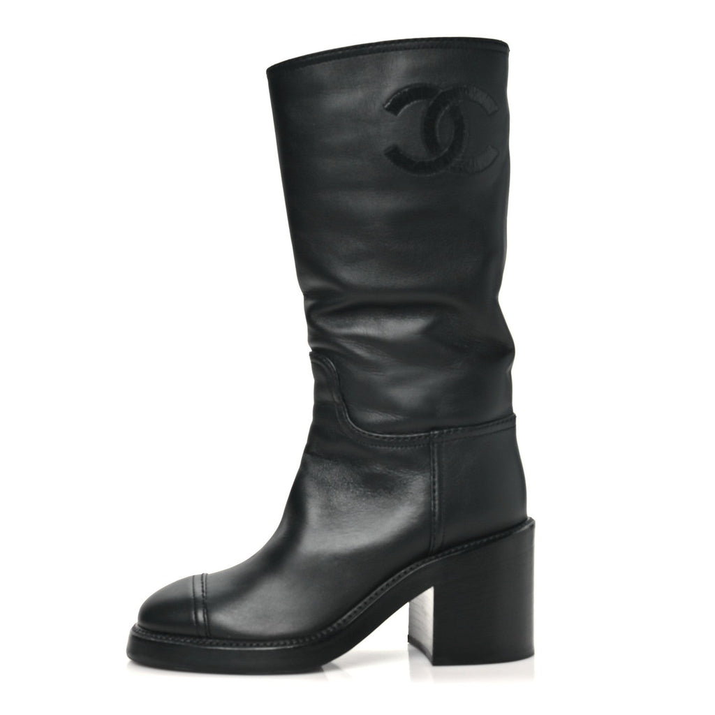 Calfskin Cap Toe High Boots 35 Black