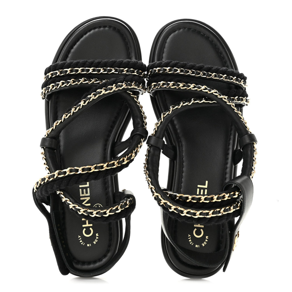 Cord Lambskin CC Chain Sandals 39 Black