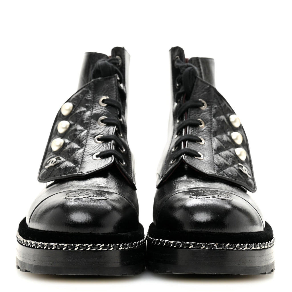Crackled Calfskin Velvet Pearl Combat Short Boots 38.5 Black