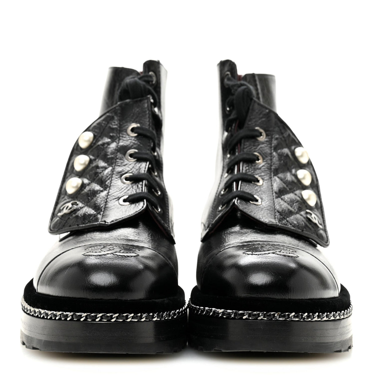 Crackled Calfskin Velvet Pearl Combat Short Boots 38.5 Black